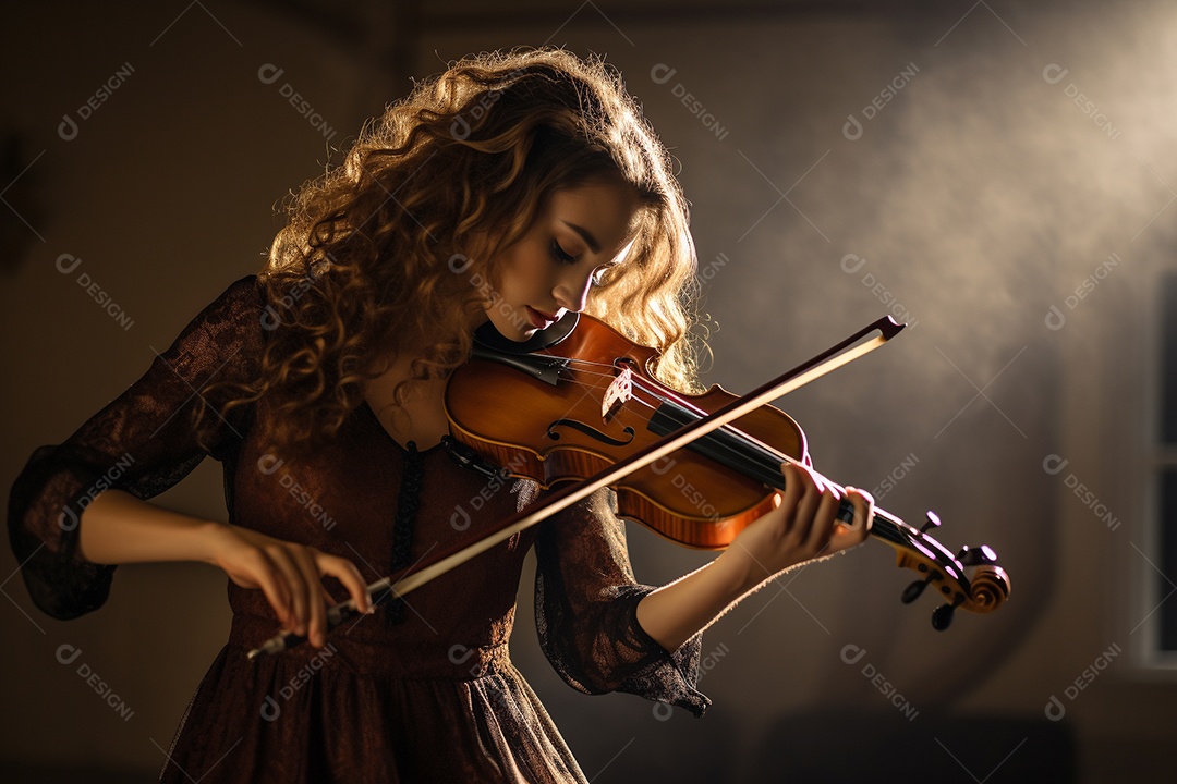Mulher tocando violino com habilidade, os olhos fechados enquanto sente a música.