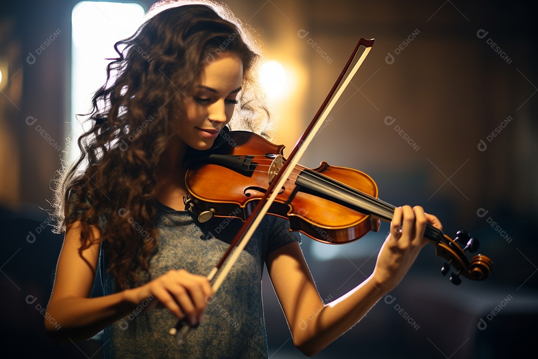 Mulher tocando violino com habilidade, sorrindo enquanto sente a música.