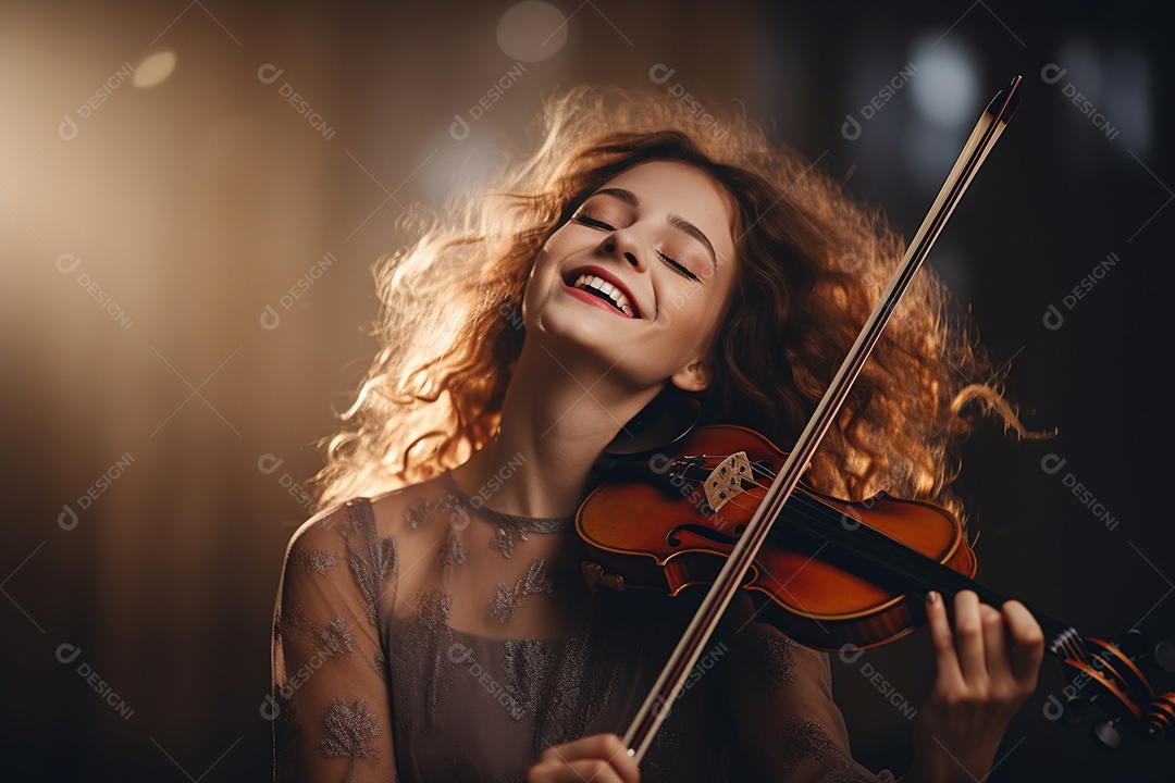 Mulher tocando violino com habilidade, sorrindo enquanto sente a música.