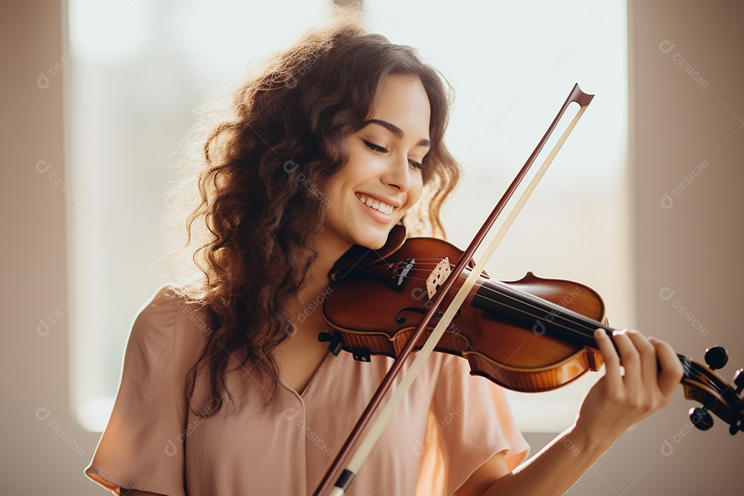 Mulher tocando violino com habilidade, sorrindo enquanto sente a música.