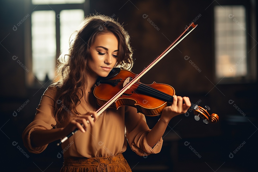 Mulher tocando violino com habilidade, os olhos fechados enquanto sente a música.