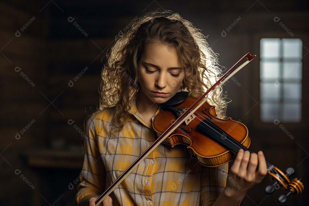 Mulher tocando violino com habilidade, os olhos fechados enquanto sente a música.