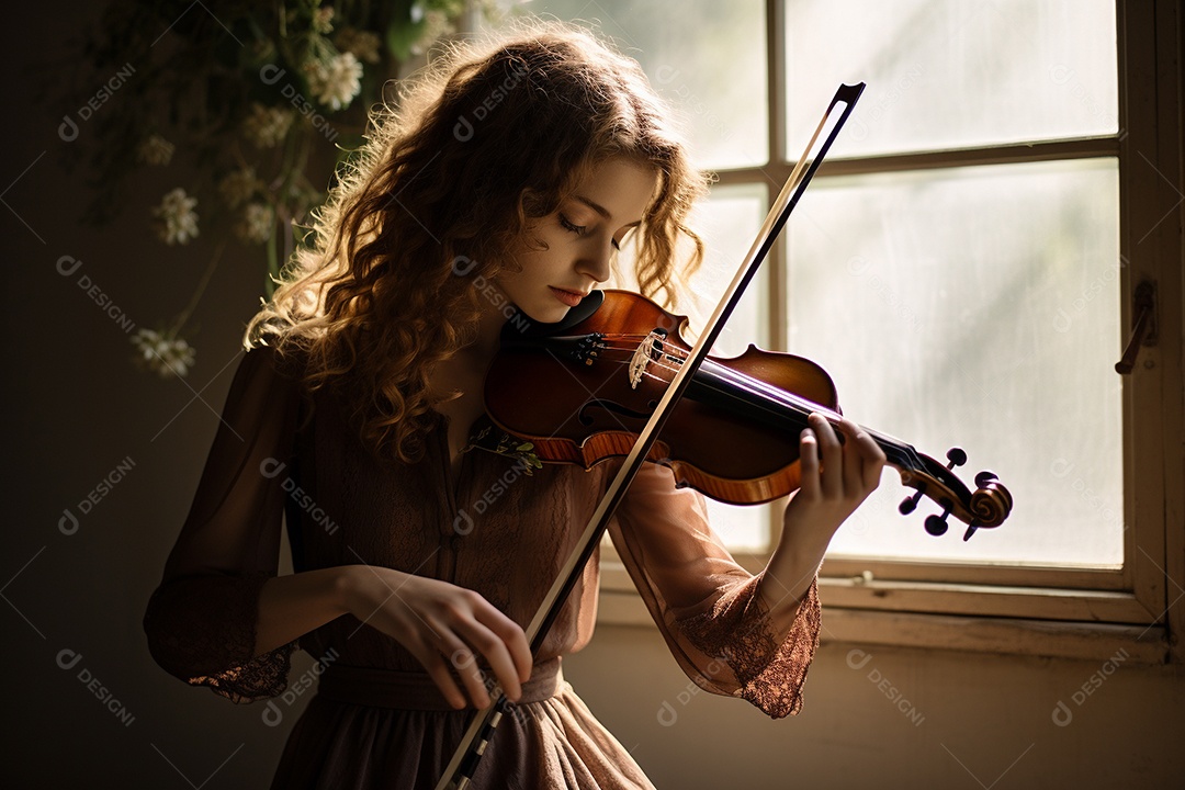 Mulher tocando violino com habilidade, os olhos fechados enquanto sente a música.