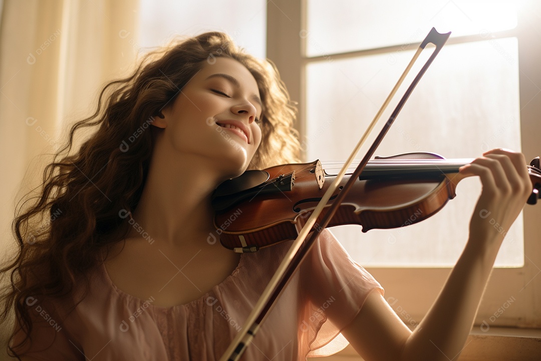 Mulher tocando violino com habilidade, sorrindo enquanto sente a música.