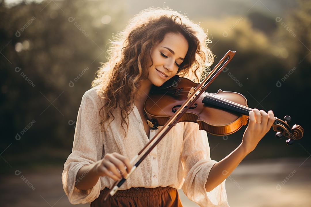 Mulher tocando violino com habilidade, sorrindo enquanto sente a música.