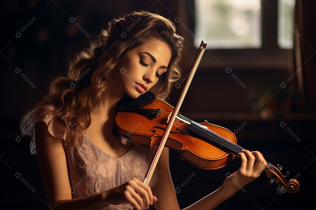 Mulher tocando violino com habilidade, os olhos fechados enquanto sente a música.