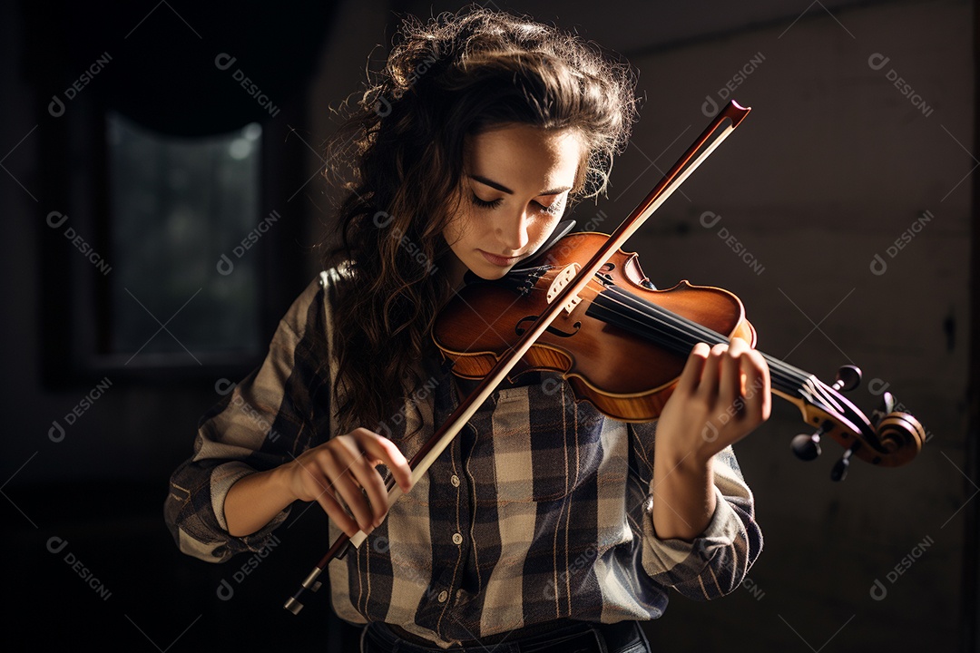 Mulher tocando violino com habilidade, os olhos fechados enquanto sente a música.