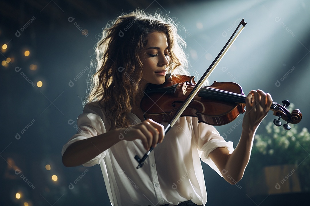 Mulher tocando violino com habilidade, os olhos fechados enquanto sente a música.