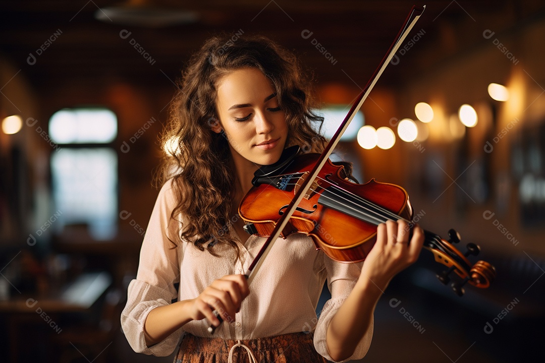 Mulher tocando violino com habilidade, os olhos fechados enquanto sente a música.