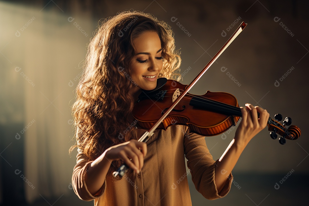 Mulher tocando violino com habilidade, os olhos fechados e sorrindo enquanto sente a música.