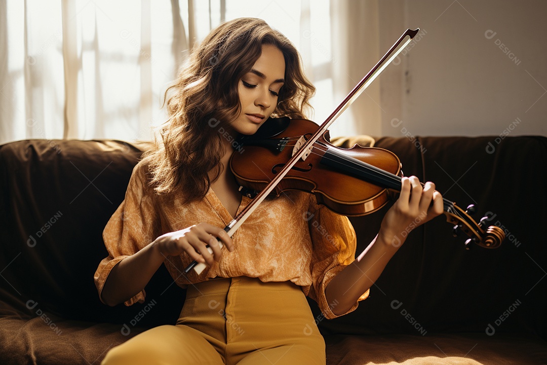 Mulher tocando violino sentada com os olhos fechados enquanto sente a música.
