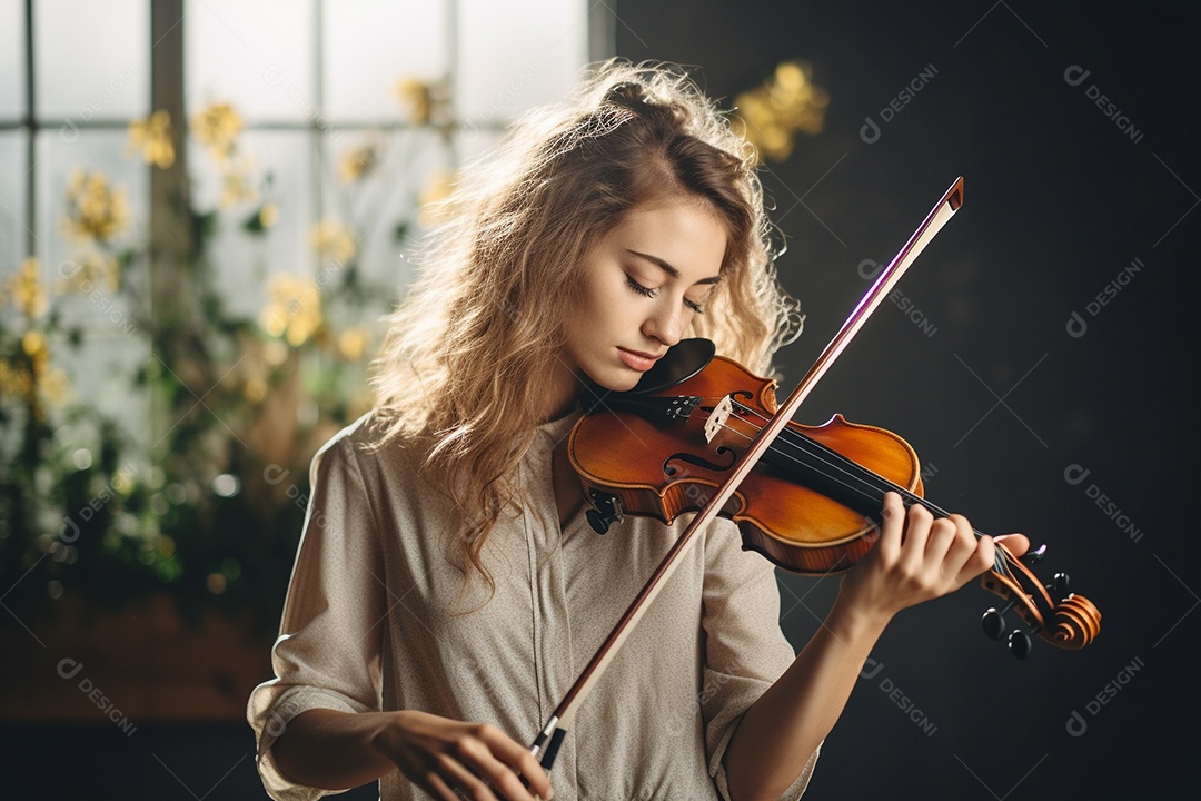 Mulher tocando violino com habilidade, os olhos fechados enquanto sente a música.