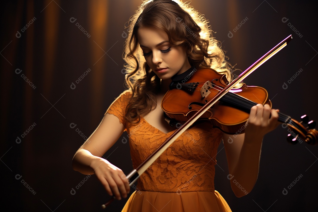 Mulher tocando violino com habilidade, os olhos fechados enquanto sente a música.