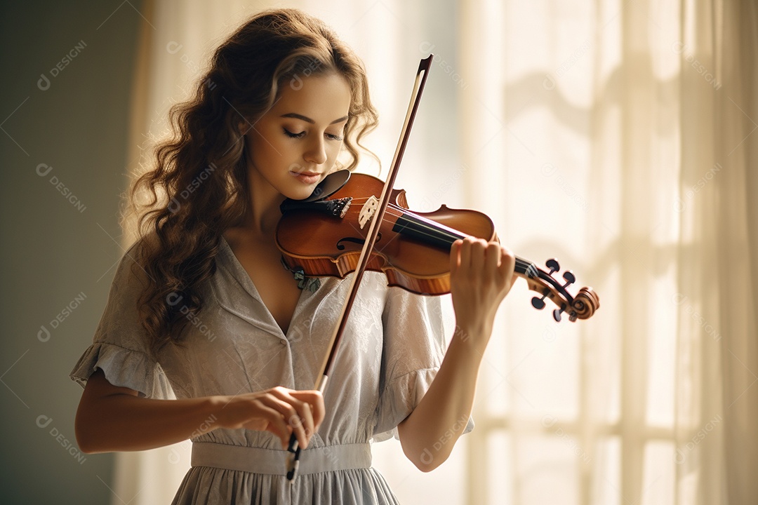 Mulher tocando violino com habilidade, os olhos fechados enquanto sente a música.