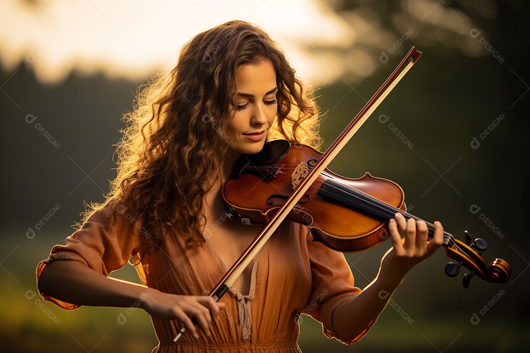 Mulher tocando violino com os olhos fechados e sorrindo enquanto sente a música.