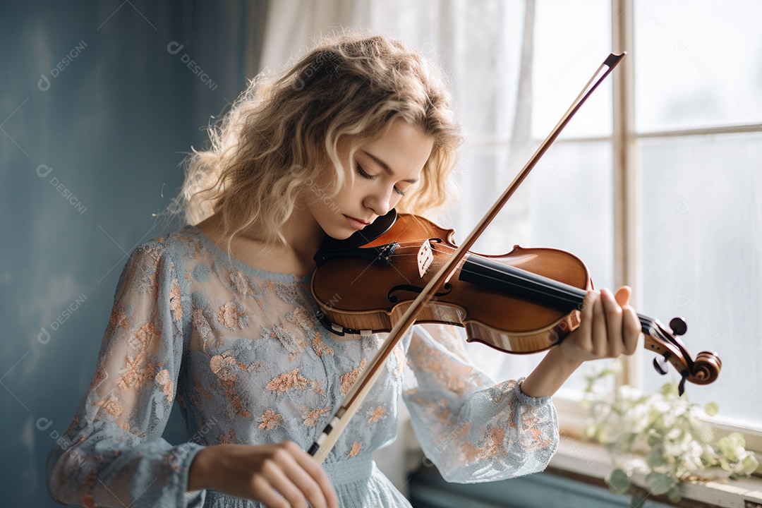 Mulher loira tocando violino  com os olhos fechados e sorrindo enquanto sente a música.