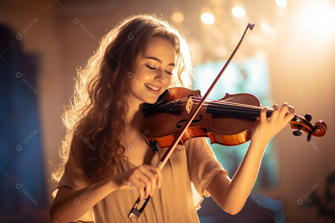 Mulher tocando violino com habilidade, os olhos fechados e sorrindo enquanto sente a música.