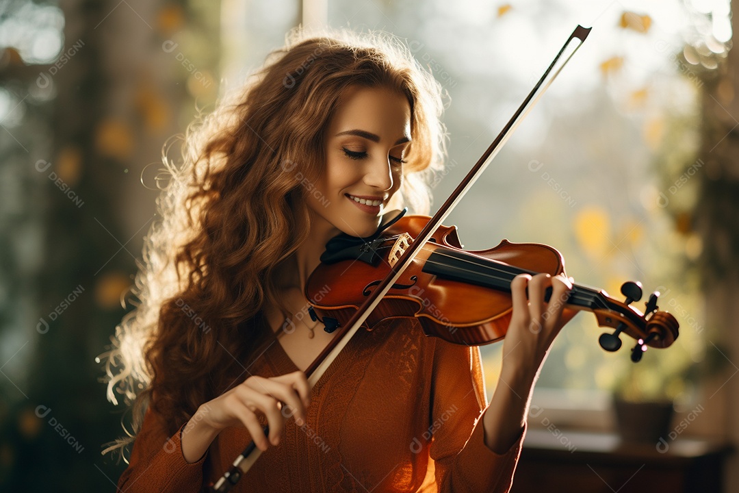Mulher tocando violino com habilidade, os olhos fechados e sorrindo enquanto sente a música.