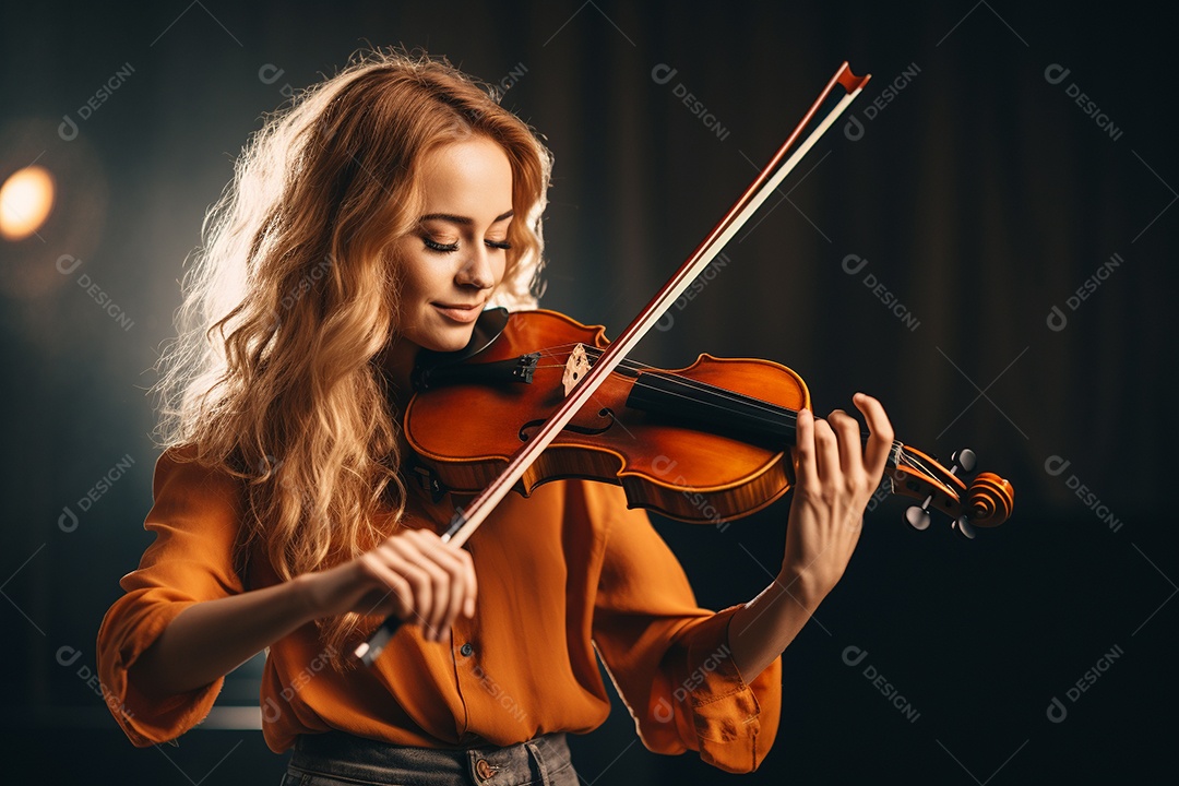 Mulher tocando violino com habilidade, os olhos fechados e sorrindo enquanto sente a música.