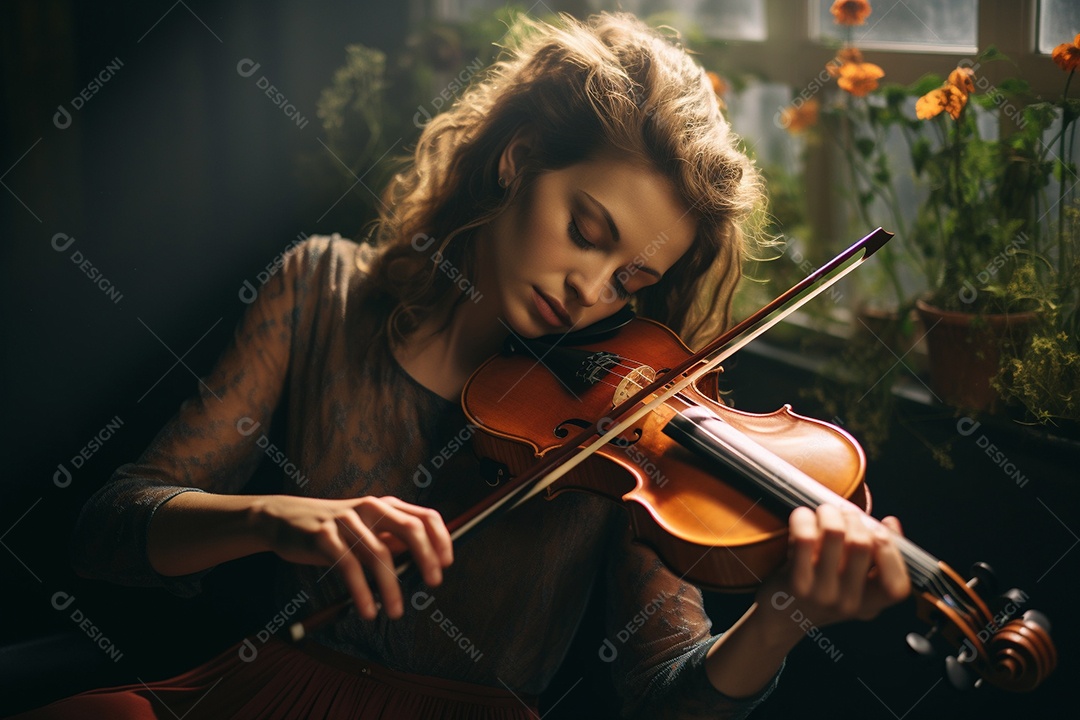 Mulher tocando violino com habilidade, os olhos fechados enquanto sente a música.