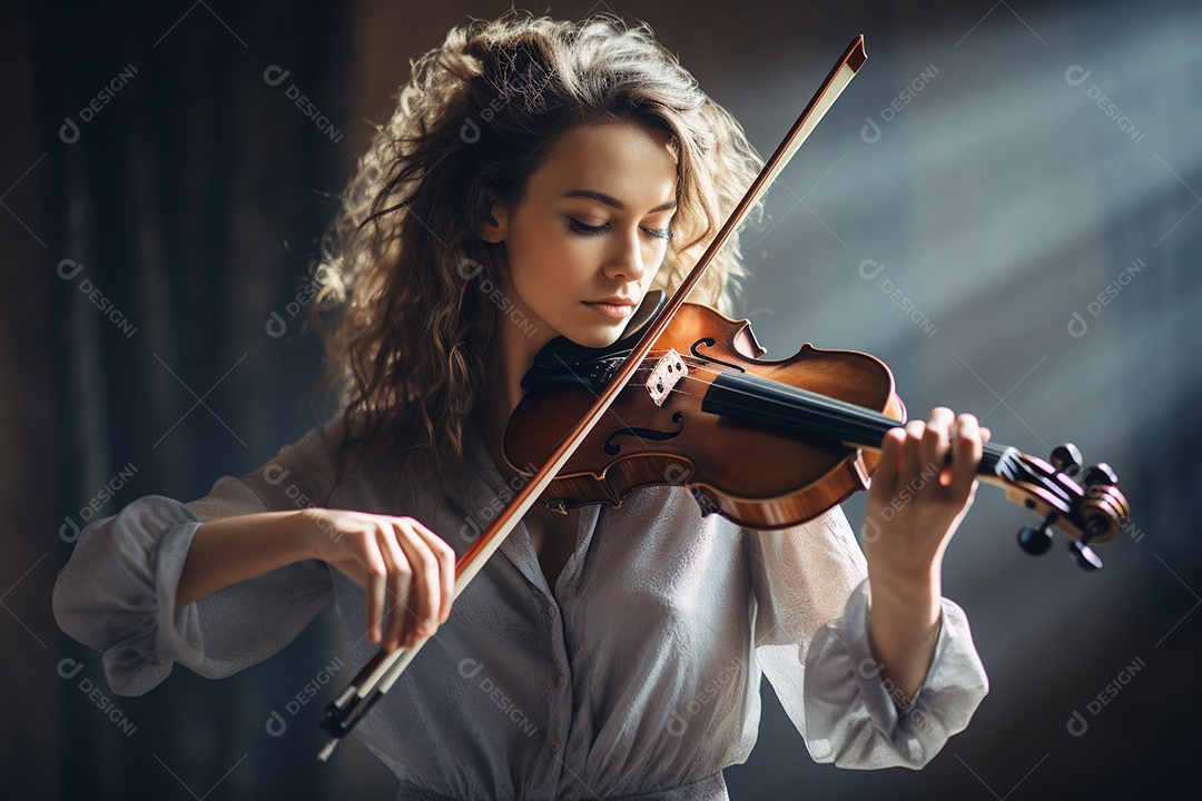 Mulher tocando violino com habilidade, os olhos fechados enquanto sente a música.