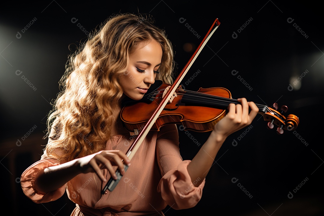 Mulher tocando violino com habilidade, os olhos fechados enquanto sente a música.