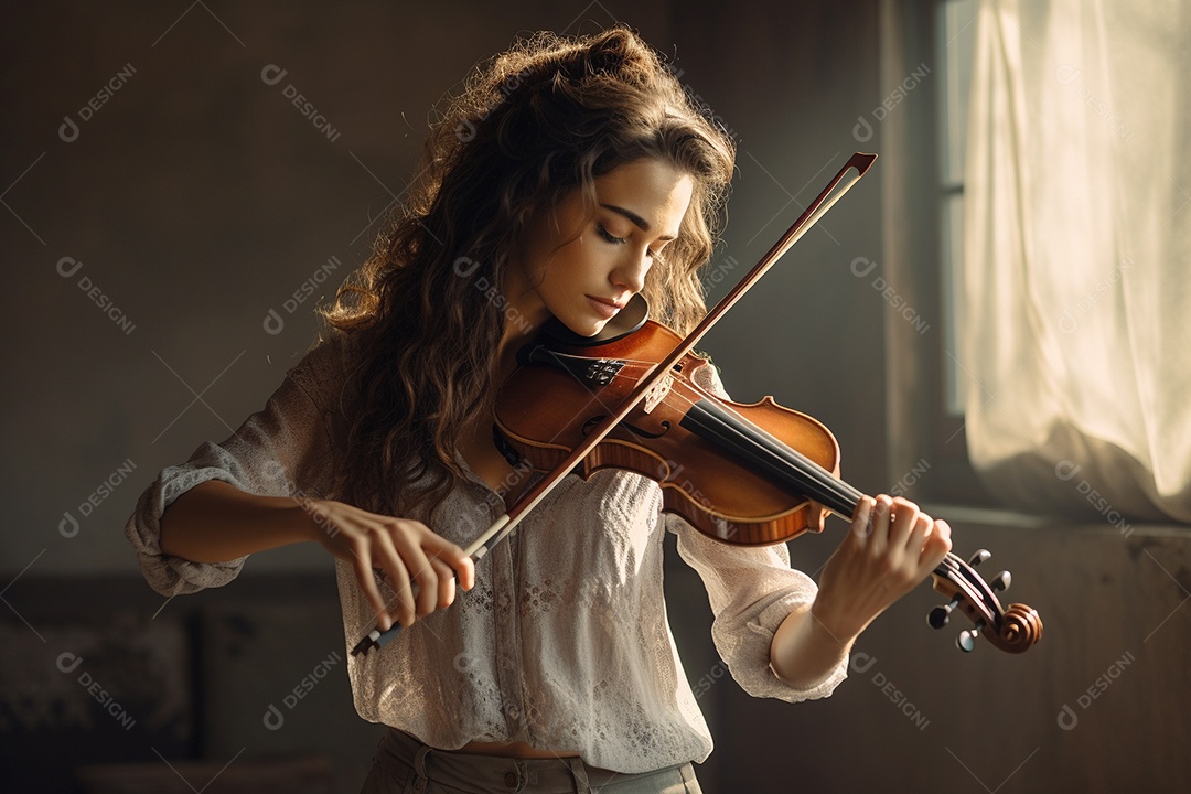 Mulher tocando violino com habilidade, os olhos fechados enquanto sente a música.