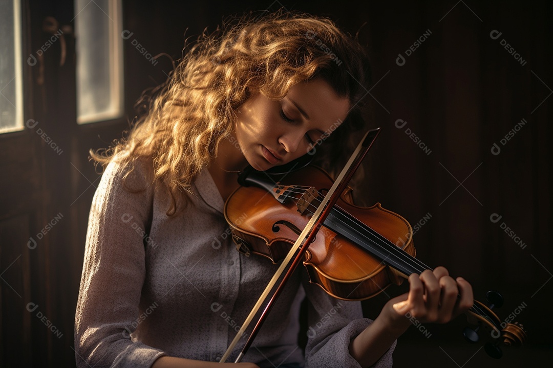 Mulher tocando violino com habilidade, os olhos fechados enquanto sente a música.
