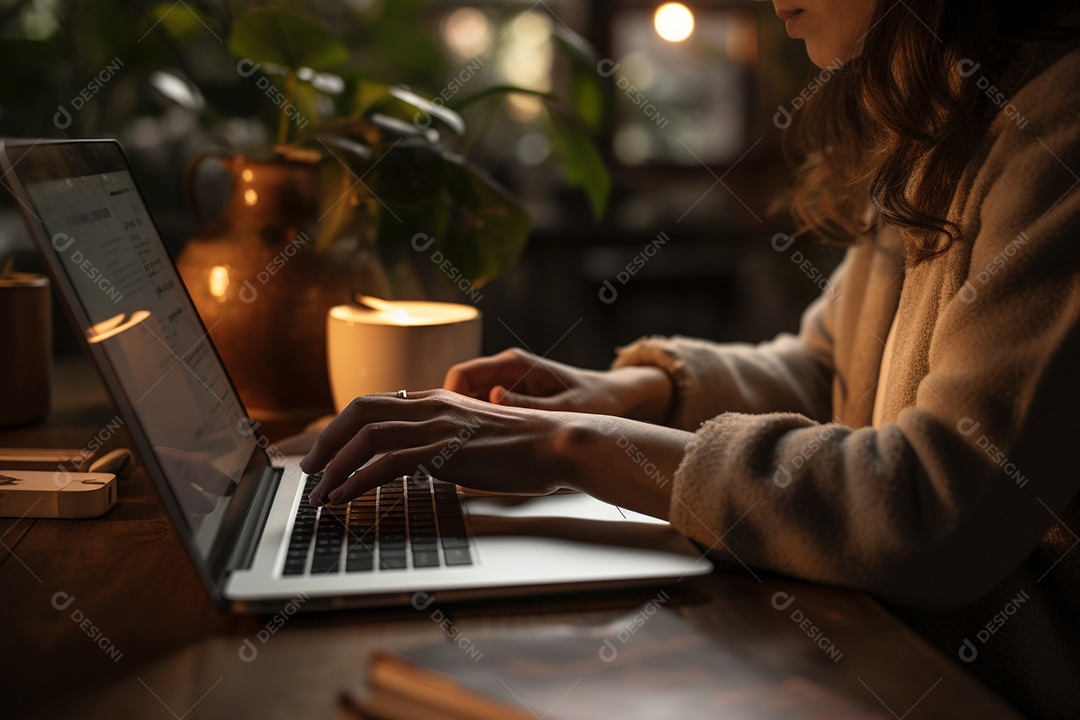 Mãos de uma pessoas digitando no notebook sobre uma mesa.