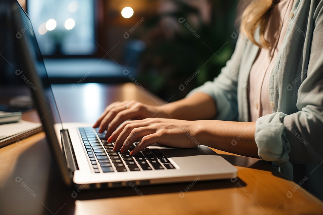 Mãos de uma pessoas digitando no notebook sobre uma mesa.