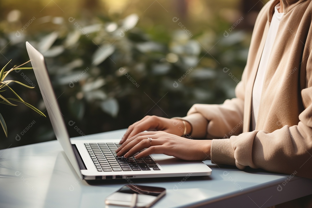 Mãos de uma pessoas digitando no notebook sobre uma mesa.