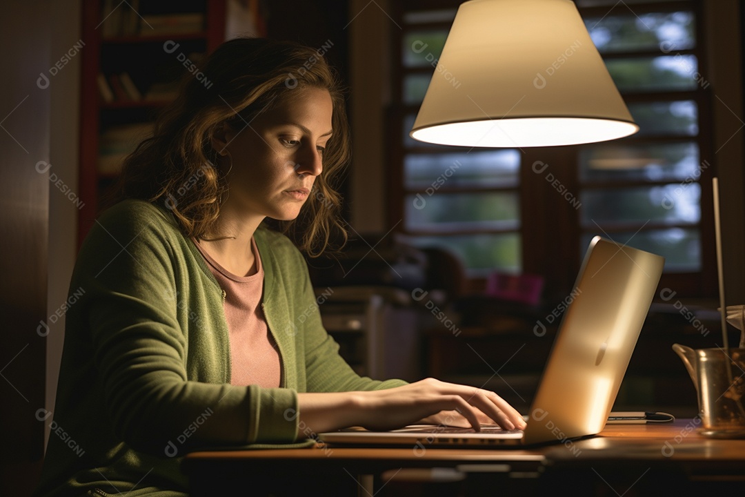 Mulher digitando no notebook sobre uma mesa com luminária