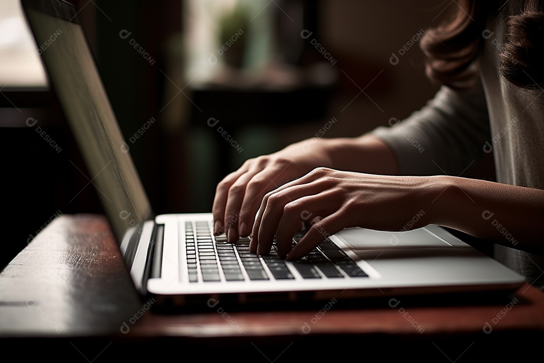 Mãos de uma pessoas digitando no notebook sobre uma mesa.