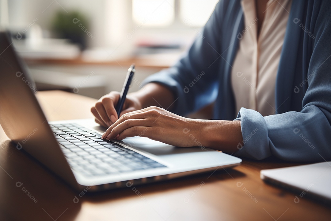Uma pessoa sentada á mesa com notebook e caneta na mão,