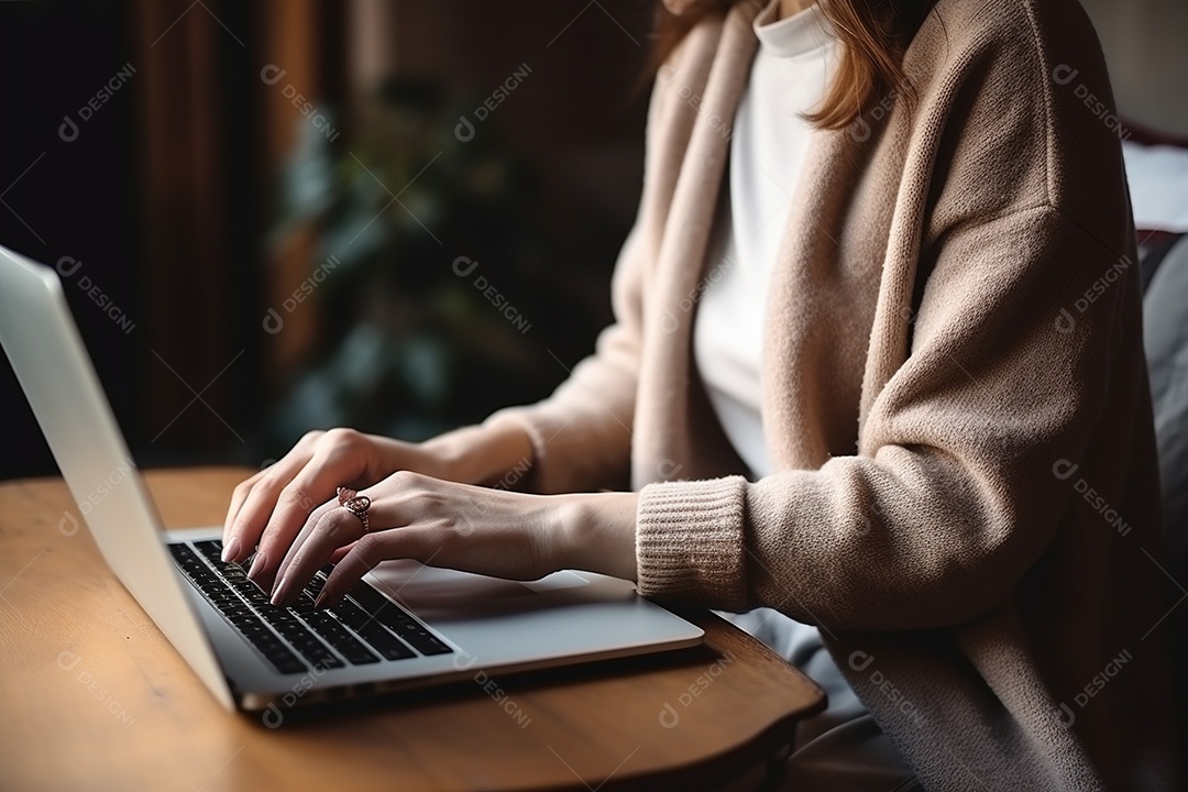 Mãos de uma pessoas digitando no notebook sobre uma mesa.