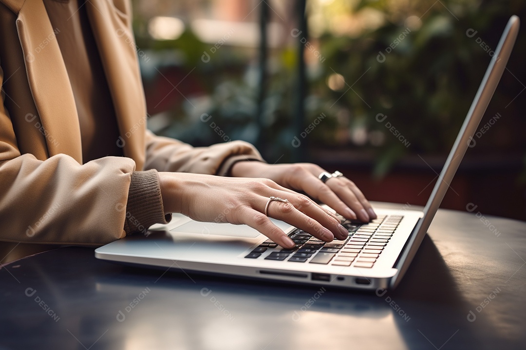 Mãos de uma pessoas digitando no notebook sobre uma mesa.