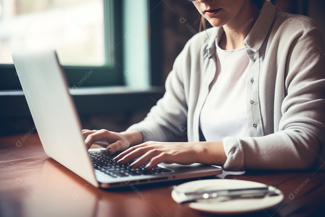 Mãos de uma pessoas digitando no notebook sobre uma mesa.