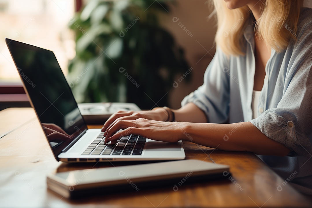 Mãos de uma pessoas digitando no notebook sobre uma mesa.
