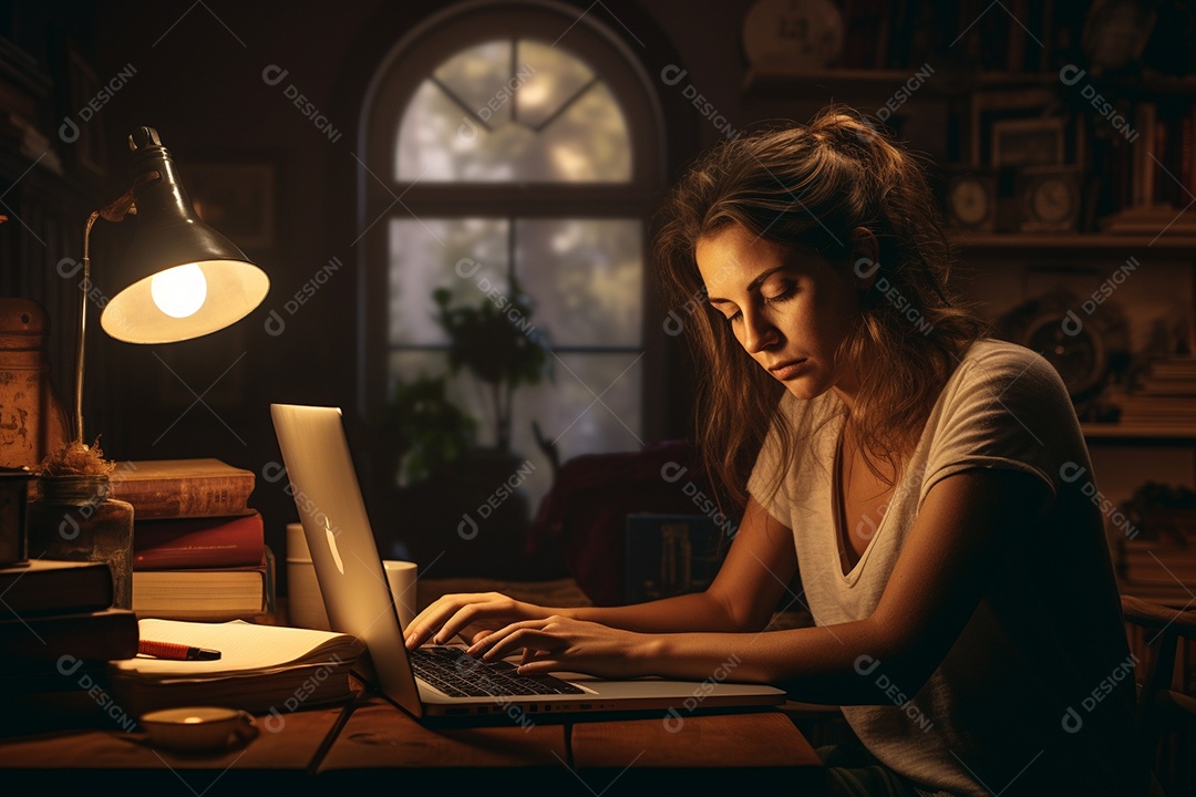 Mulher digitando no notebook sobre uma mesa com luminária