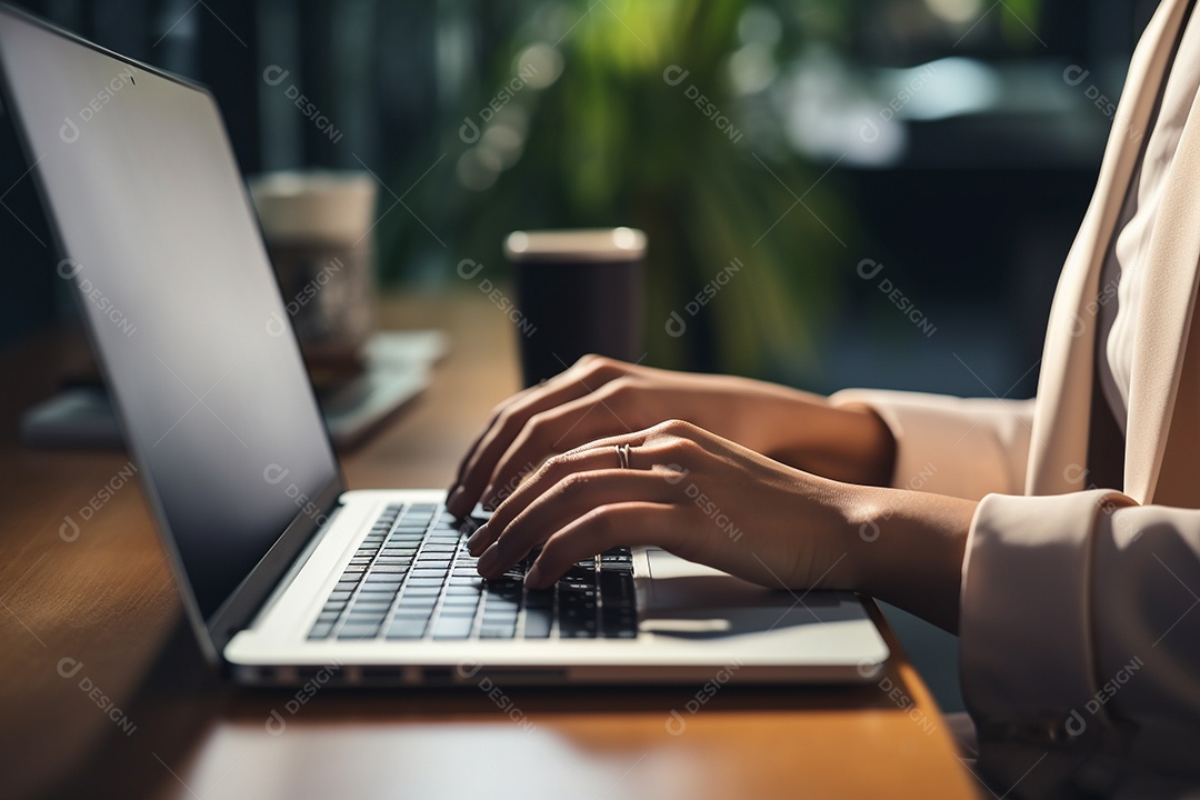 Mãos de uma pessoas digitando no notebook sobre uma mesa.