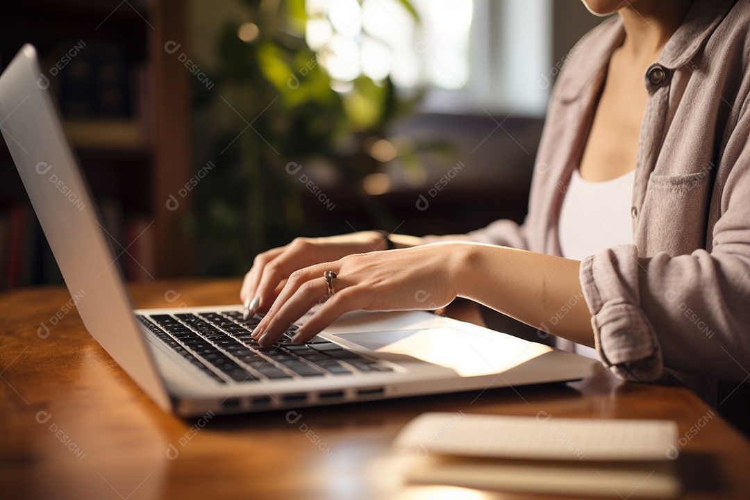 Mãos de uma pessoas digitando no notebook sobre uma mesa.