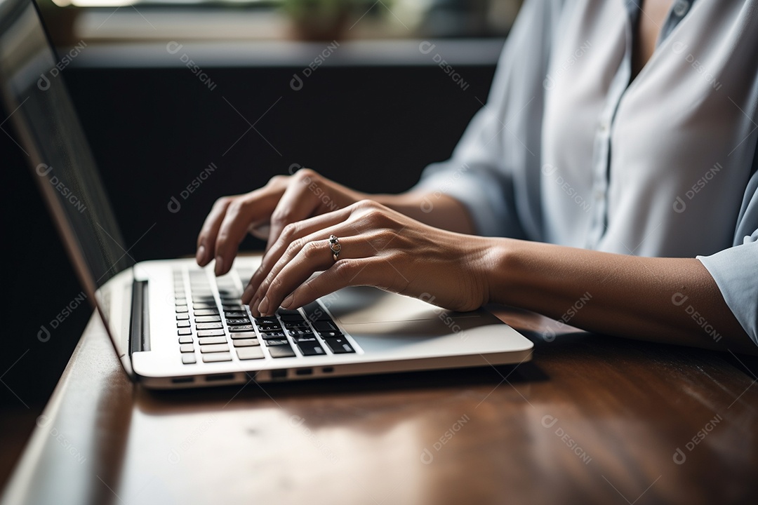 Mãos de uma pessoas digitando no notebook sobre uma mesa.