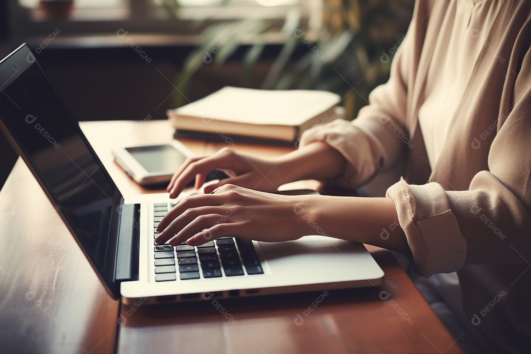 ]Mãos de uma pessoas digitando no notebook sobre uma mesa.