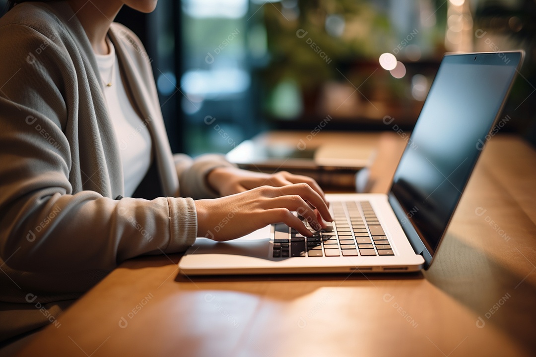Mãos de uma pessoas digitando no notebook sobre uma mesa.