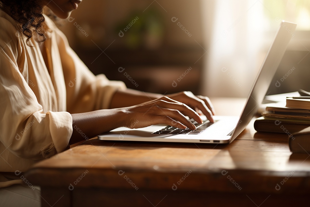 Mãos de uma pessoas digitando no notebook sobre uma mesa.