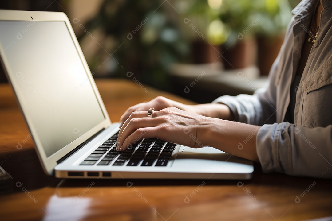 Mãos de uma pessoas digitando no notebook sobre uma mesa.