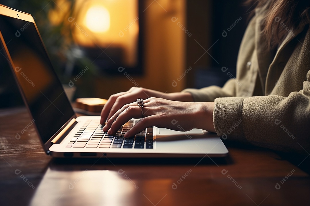 Mãos de uma pessoas digitando no notebook sobre uma mesa.