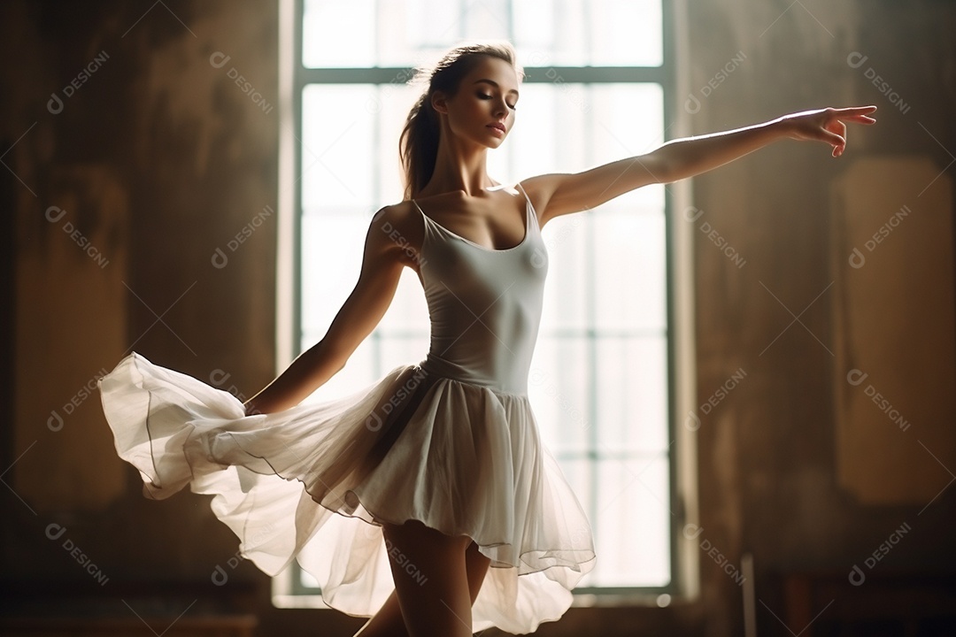 Uma jovem mulher praticando balé, seus movimentos graciosos e precisos.