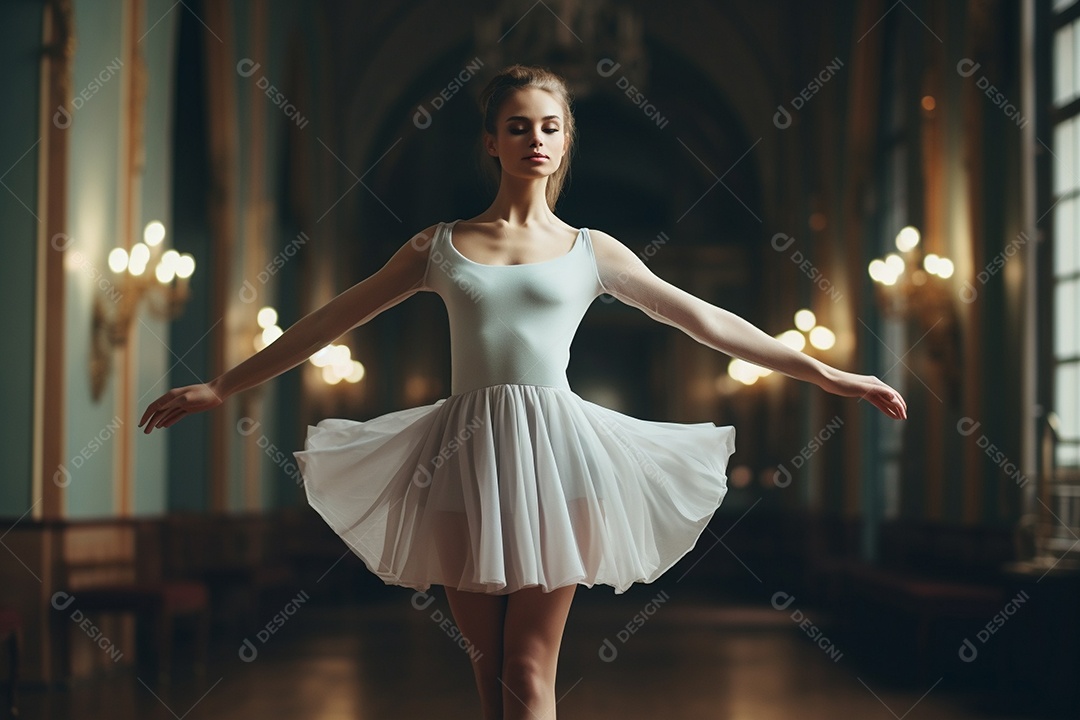 Uma jovem mulher praticando balé, seus movimentos graciosos e precisos.