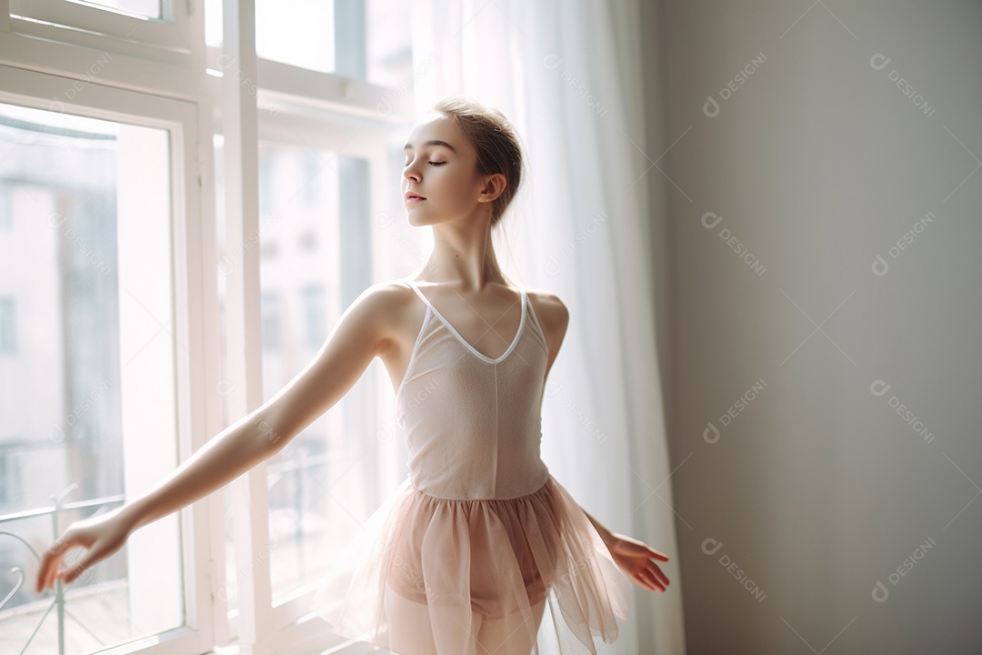 Uma jovem mulher praticando balé, seus movimentos graciosos e precisos.